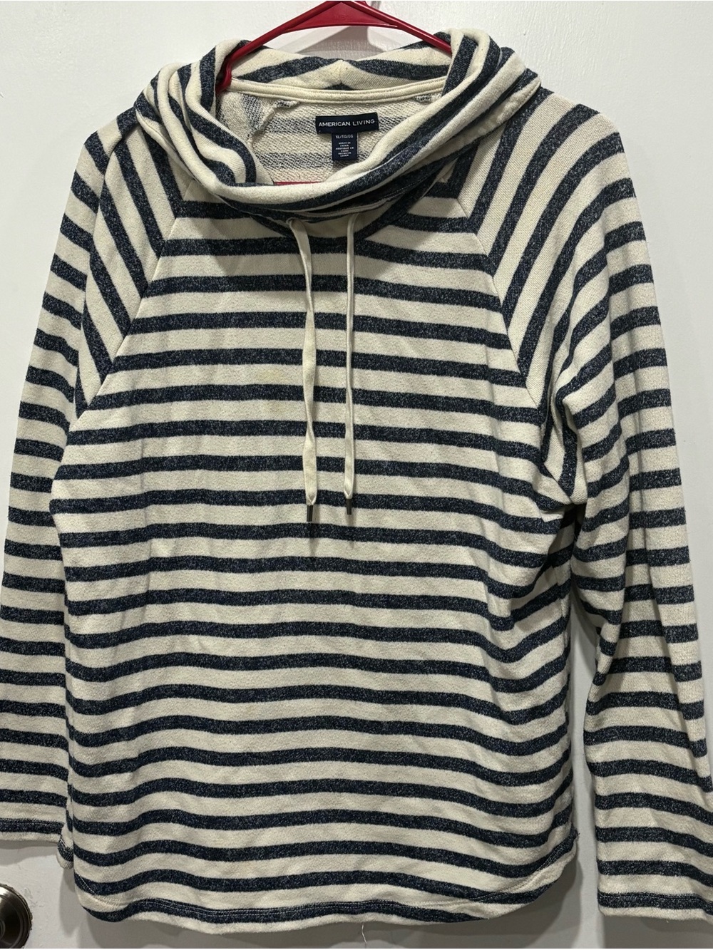 American Living Women's Navy and Cream Striped Cowl Neck Sweater